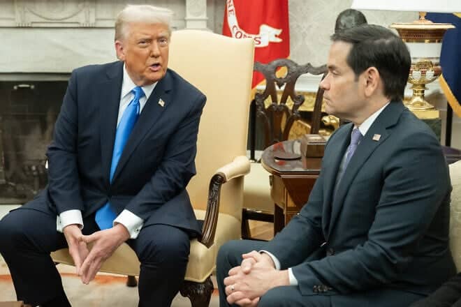 U.S. President Donald Trump and U.S. Secretary of State Marco Rubio attend a meeting with King Abdullah II of Jordan in the Oval Office of the White House in Washington, D.C., on Feb. 11, 2025. Photo by Saul Loeb/AFP via Getty Images.