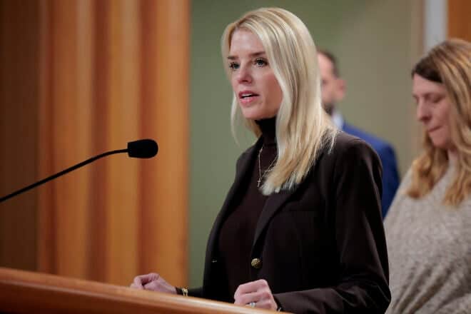 U.S. Attorney General Pam Bondi speaks during a news conference at the Department of Justice Building on Feb. 12, 2025 in Washington, D.C. Photo by Anna Moneymaker/Getty Images.