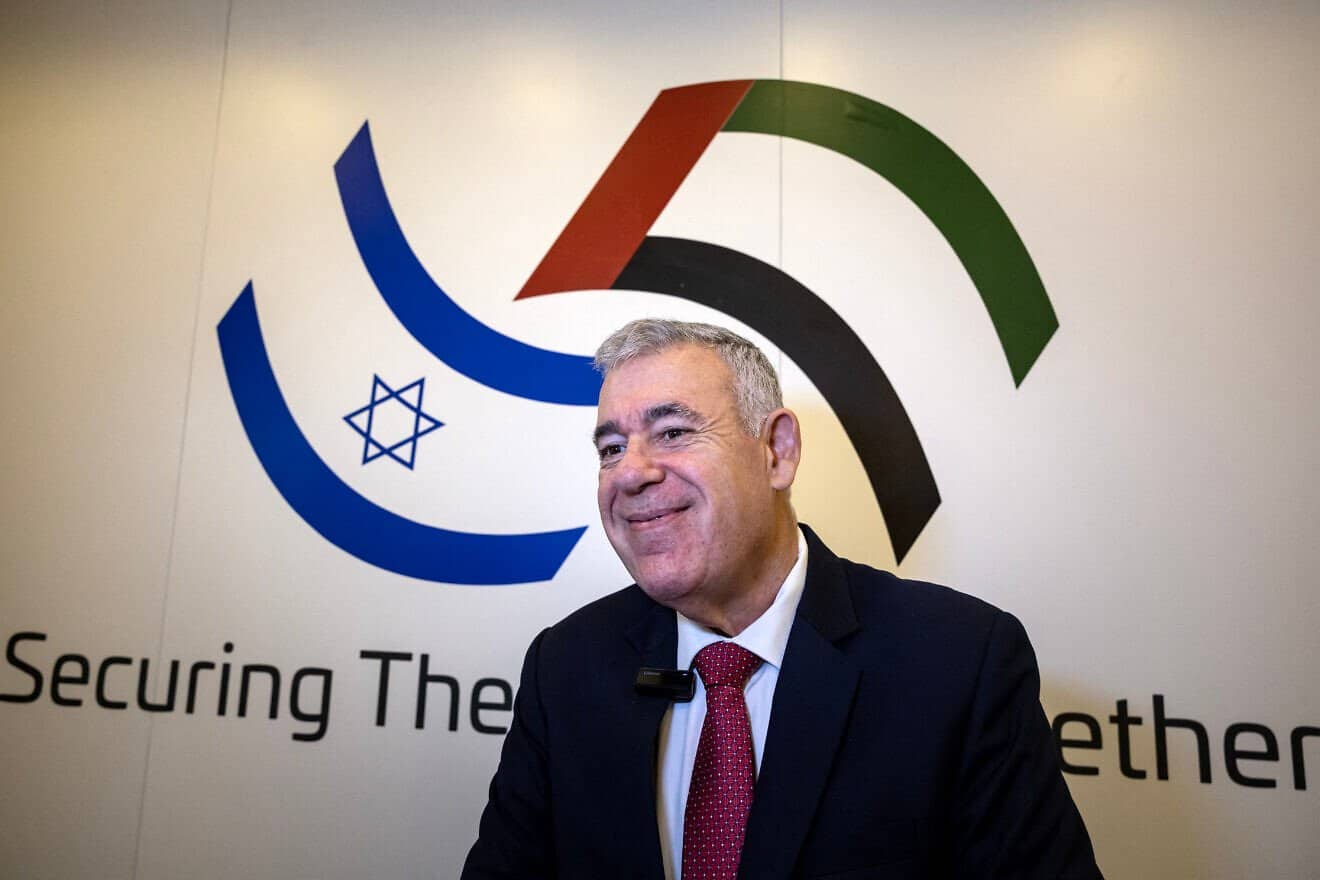 Israel Aerospace Industries CEO Boaz Levy gives an interview at the Israeli stand during the International Defence Exhibition Idex in Abu Dhabi, on Feb. 17, 2025. Photo by Fadel Senna/AFP via Getty Images.