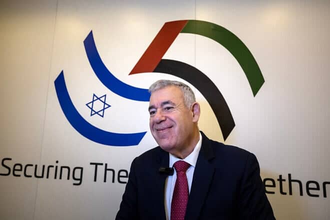 Israel Aerospace Industries CEO Boaz Levy gives an interview at the Israeli stand during the International Defence Exhibition Idex in Abu Dhabi, on Feb. 17, 2025. Photo by Fadel Senna/AFP via Getty Images.