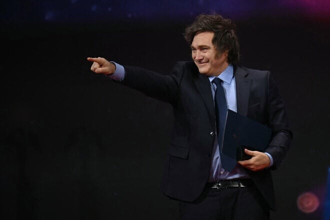Argentine President Javier Milei arrives to speak during the annual Conservative Political Action Conference at the Gaylord National Resort and Convention Center at National Harbor in Oxon Hill, Md., on Feb. 22, 2025. Photo by Alex Wroblewski/AFP via Getty Images.