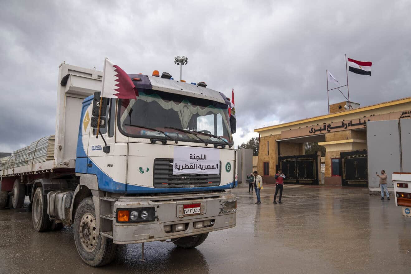 A truck enters the Gaza Strip through the Rafah border crossing with Egypt, on Feb. 20, 2025. Photo by Ali Moustafa/Getty Images.