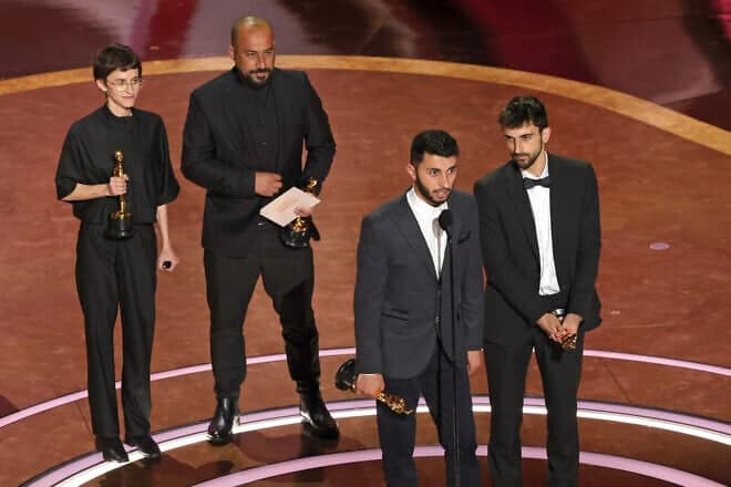 Israeli journalist and filmmaker Yuval Abraham and Palestinian journalist and filmmaker Basel Adra accept the Oscar for Best Documentary Feature for their film “No Other Land,” during the 97th Annual Academy Awards at the Dolby Theatre in Hollywood, Calif., on March 2, 2025. Photo by Kevin Winter/Getty Images.