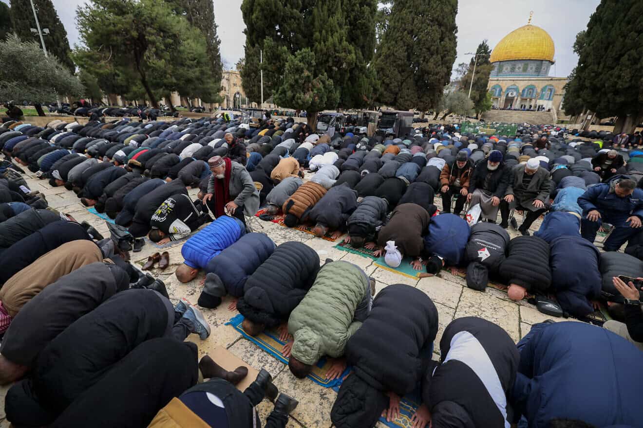 Muslim worshippers pray at the Temple Mount in Jerusalem's Old City during the first Friday prayers of Ramadan, on March 7, 2025. Photo by Ahmad Gharabli/AFP via Getty Images.