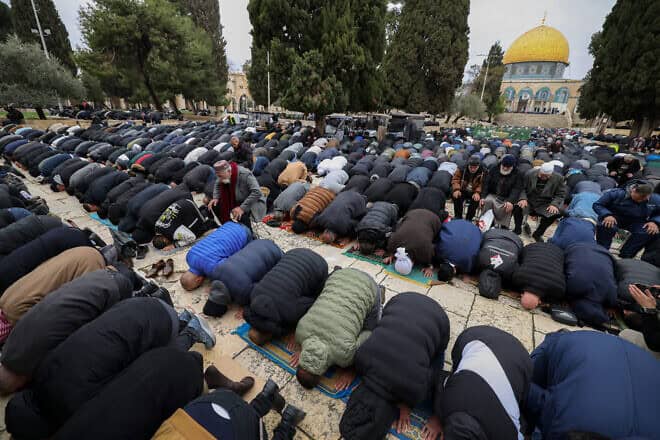Muslim worshippers pray at the Temple Mount in Jerusalem's Old City during the first Friday prayers of Ramadan, March 7, 2025. Photo by Ahmad Gharabli/AFP via Getty Images.