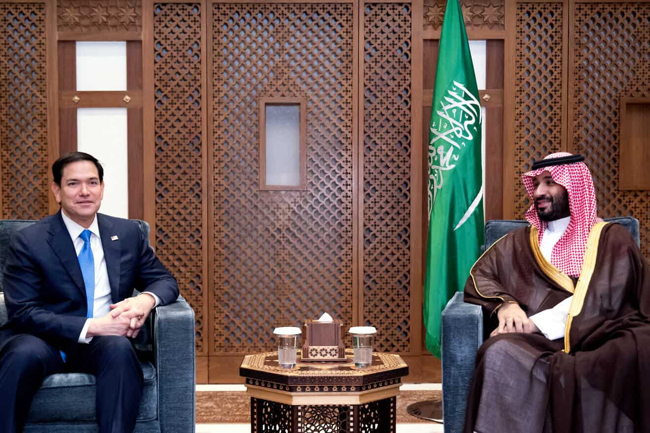 Saudi Crown Prince and Prime Minister Mohammed bin Salman meets with U.S. Secretary of State Marco Rubio on the Royal Palace grounds in Jeddah, Saudi Arabia, on March 10, 2025. Photo by Saul Loeb/POOL/AFP via Getty Images.