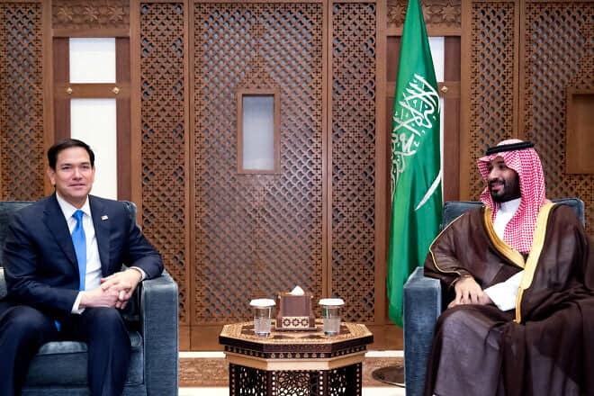 Saudi Crown Prince and Prime Minister Mohammed bin Salman meets with U.S. Secretary of State Marco Rubio on the Royal Palace grounds in Jeddah, Saudi Arabia, on March 10, 2025. Photo by Saul Loeb/POOL/AFP via Getty Images.