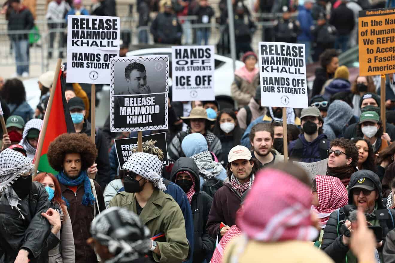 A protest against the arrest and detention of Mahmoud Khalil at Foley Square in New York City, on March 12, 2025. Photo by Michael M. Santiago/Getty Images. A protest against the arrest and detention of Mahmoud Khalil at Foley Square in New York City, on March 12, 2025. Photo by Michael M. Santiago/Getty Images.