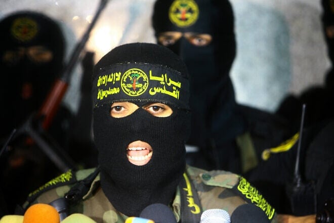 Abu Hamza, the chief propagandist for the Palestinian Islamic Jihad terror group, holds a press conference in Gaza City, March 26, 2010. Photo by Mohammed Abed/AFP via Getty Images.