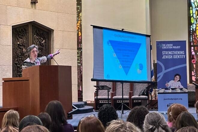 Keynote speaker Dr. Lydia Soifer addresses the Jewish early-childhood educators. Credit: Courtesy of Amy Martin.