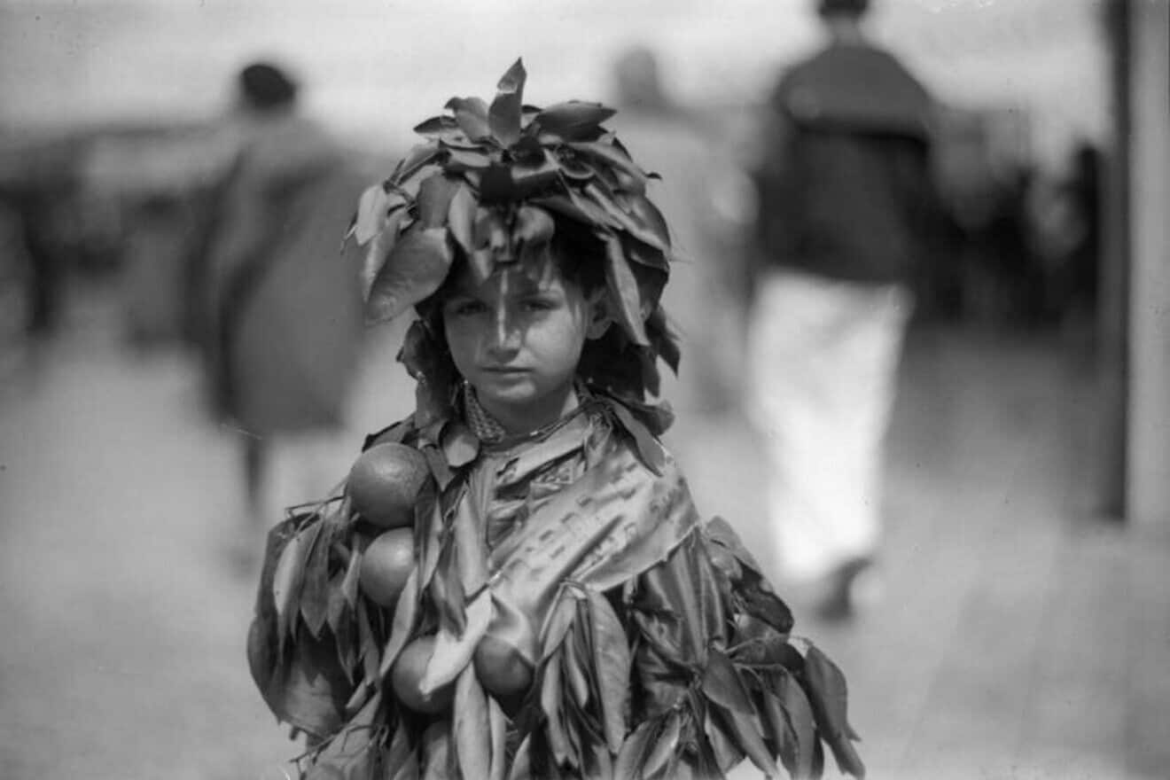 A child dressed as a citrus tree, a strong symbol of Israeli and Zionist identity, Tel Aviv, 1928. Credit: Joseph Schweig, KKL-JNF Photo Archive.