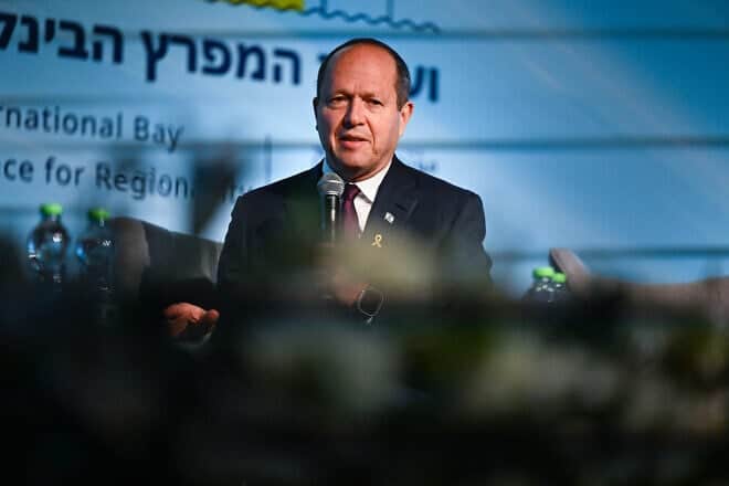 Israeli Economy and Industry Minister Nir Barkat speaks at the International Bay Conference for Regionality in Haifa, Dec. 18, 2024. Credit: Flash90.