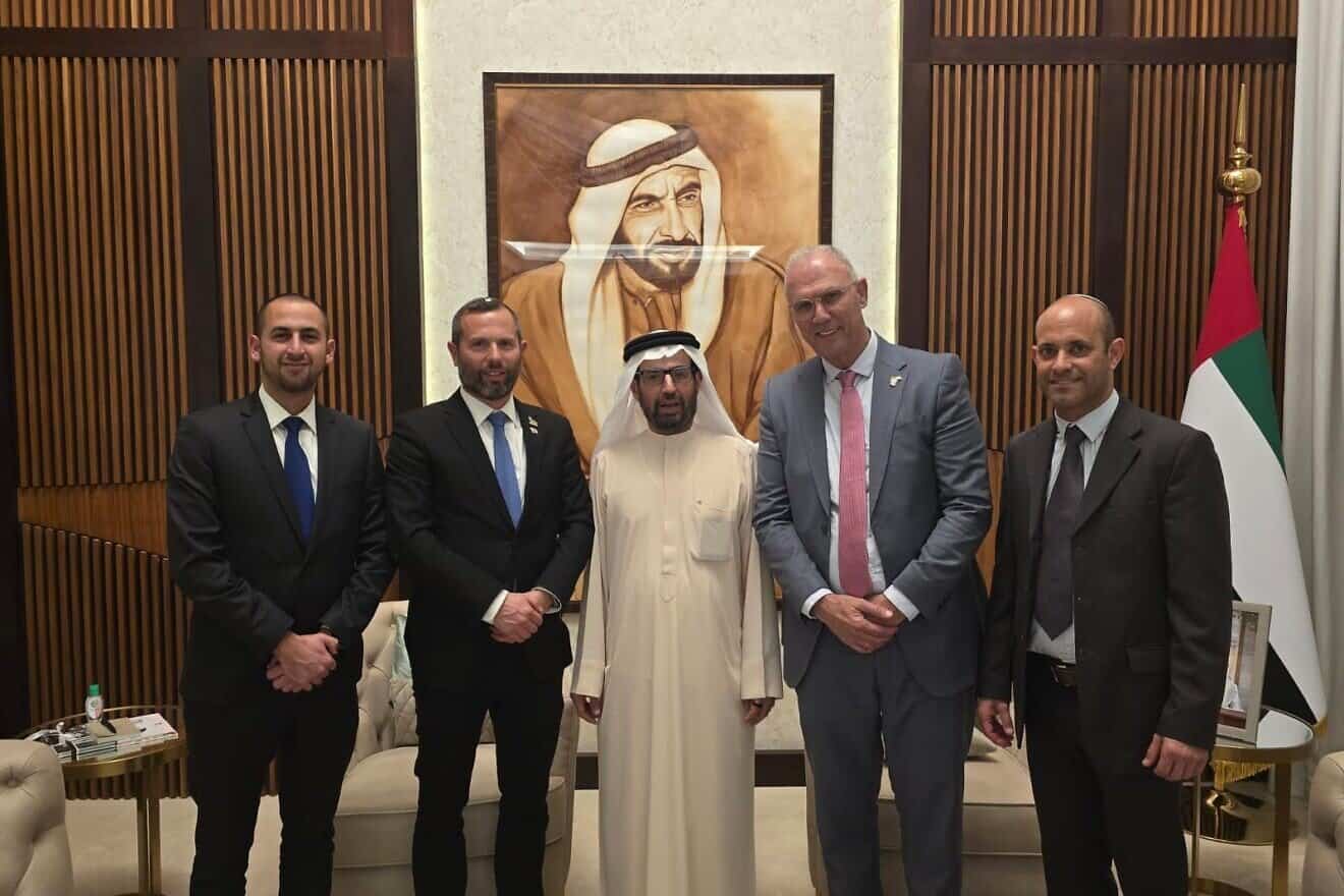 Judea and Samaria leaders meet Ali Rashid Al Nuaimi, a member of the Emirati Federal National Council and chairman of its committee on defense, interior and foreign affairs, March 2025. Credit: Yesha Council.