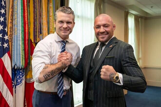 U.S. Secretary of Defense Pete Hegseth (left) with Conor McGregor at the Pentagon, Washington, D.C., March 17, 2025. Credit: U.S. Navy Petty Officer 1st Class Alexander Kubitza/DOD photo via Wikimedia Commons.