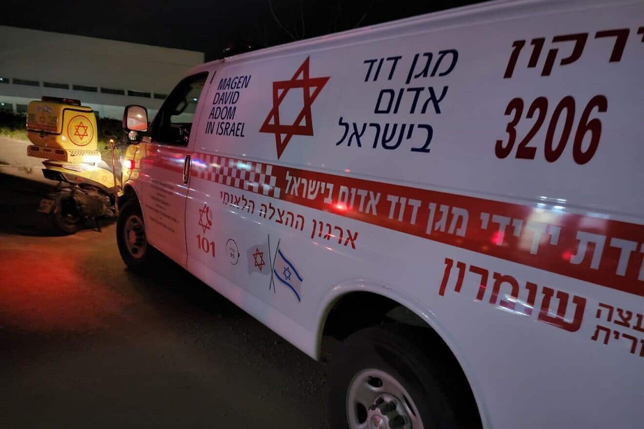 A Magen David Adom ambulance at the scene of a terrorist shooting attack near Ariel in Samaria, March 12, 2025. Credit: MDA.