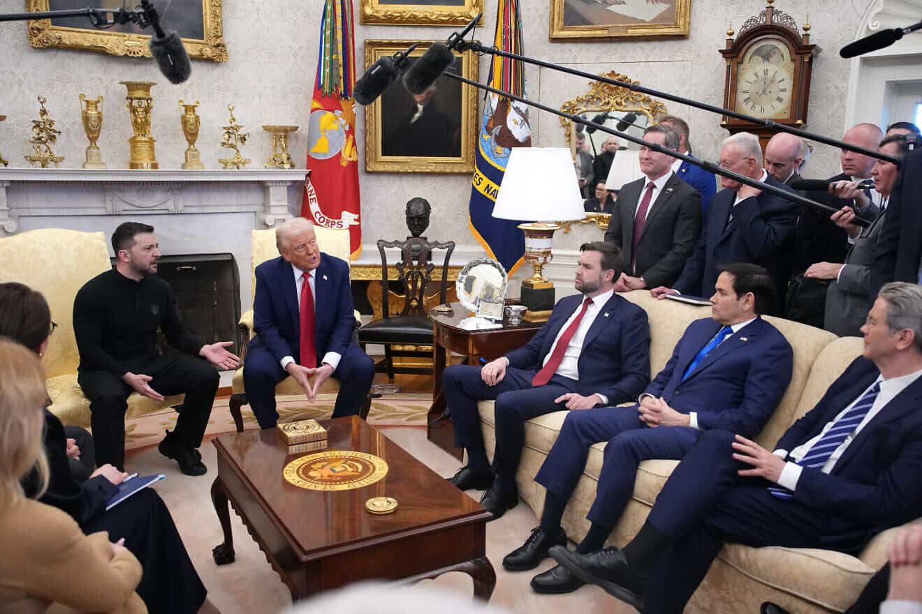 U.S. President Donald Trump and Vice President JD Vance meet with Ukrainian President Volodymyr Zelenskyy in the Oval Office at the White House in Washington, D.C. U.S. Secretary of State Marco Rubio and Treasury Secretary Scott Bessent were also in attendance, Feb. 28, 2025. Photo by Andrew Harnik/Getty Images.