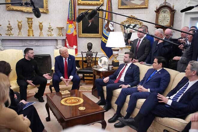 U.S. President Donald Trump and Vice President JD Vance meet with Ukrainian President Volodymyr Zelenskyy in the Oval Office at the White House in Washington, D.C. U.S. Secretary of State Marco Rubio and Treasury Secretary Scott Bessent were also in attendance, Feb. 28, 2025. Photo by Andrew Harnik/Getty Images.