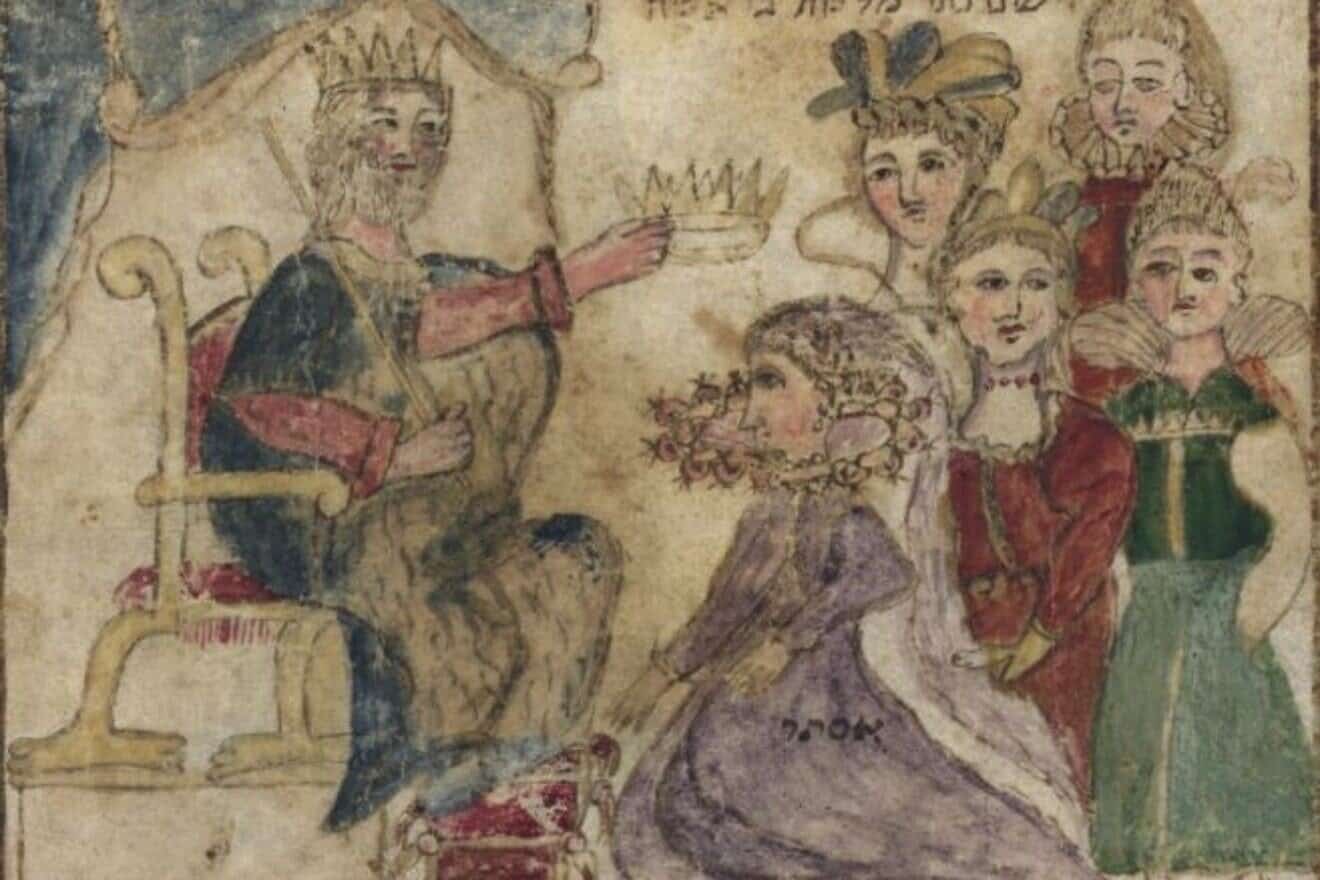 The coronation of Esther from the Moshe Ben Avraham Pescarol Esther Scroll, Ferrara, Italy, 1616. Credit: National Library of Israel.