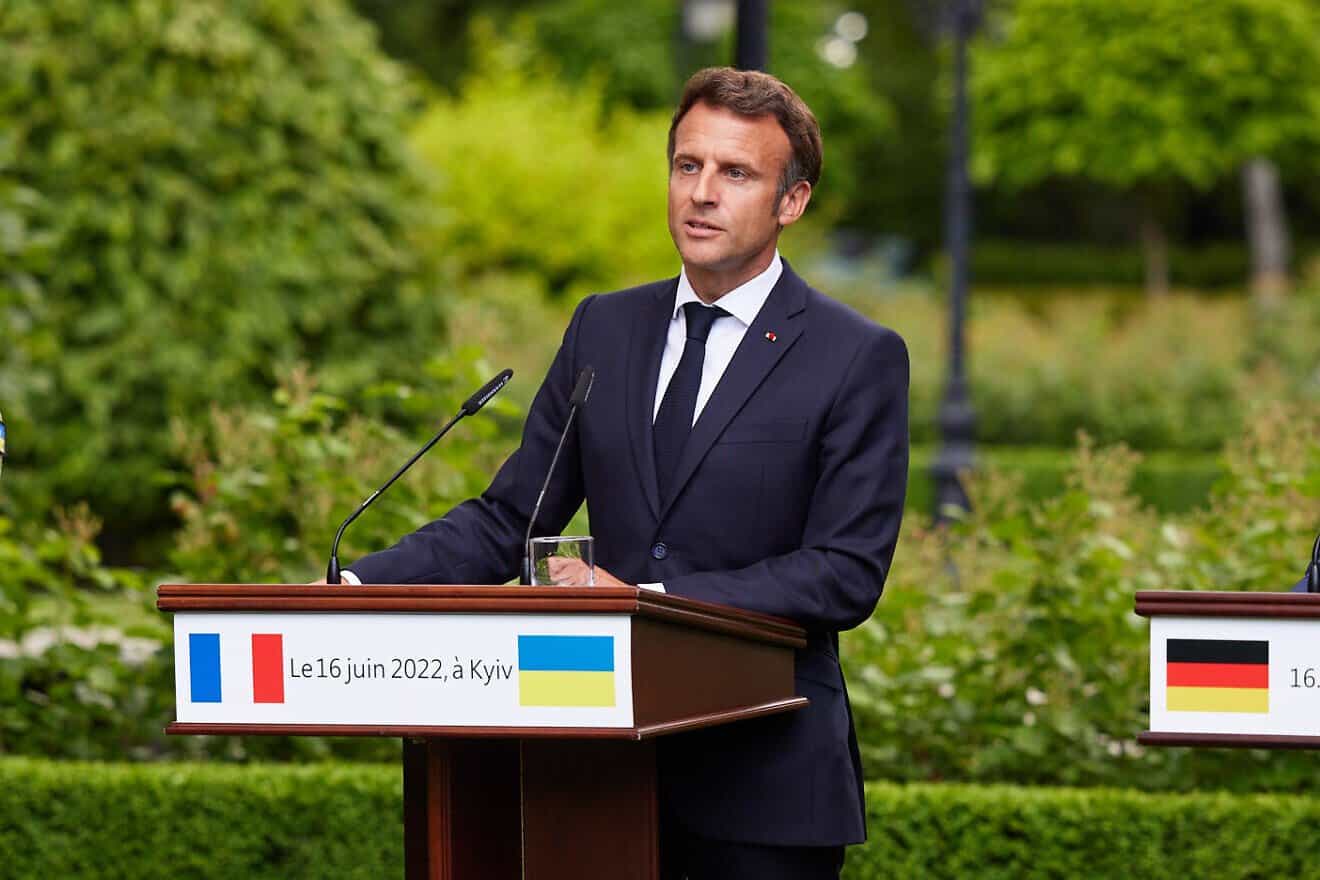 French President Emmanuel Macron speaks at a press conference in Kyiv on June 12, 2022. Credit: Courtesy of the Office of the President of Ukraine Volodymyr Zelenskyy.