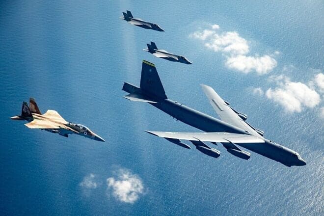Israeli Air Force fighter jets conducting a joint flight with an American B-52 strategic bomber are seen in an image published on March 6, 2025. Credit: IDF.