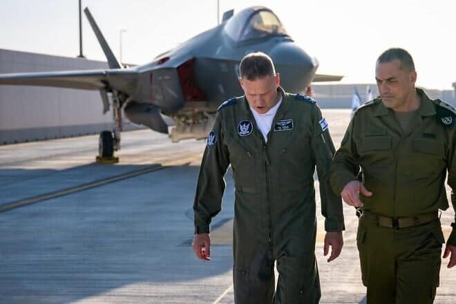 Israel Defense Forces Chief of Staff Lt. Gen. Eyal Zamir, right, with Israeli Air Force Maj. Gen. Tomer Bar at Nevatim Air Force Base in southern Israel on March 11, 2025. Credit: IDF.