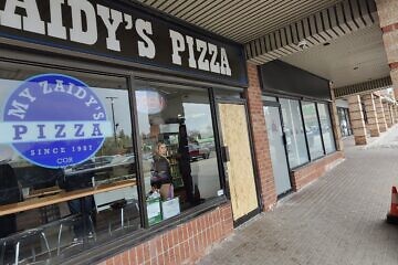 The front doors of the Judaica shop Shainee’s Gift Selections, the My Zaidy’s Pizza and a pharmacy that is part of the chain Shoppers Drug Mart in heavily-Jewish Thornhill, in the Toronto area, were smashed in and the Jewish-owned stores robbed on April 19, the second to last day of Passover. Photographed on April 21, 2025. Photo by Dave Gordon.
