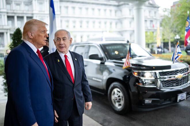 U.S. President Donald Trump greets Israeli Prime Minister Benjamin Netanyahu at the White House, April 7, 2025. Credit: Daniel Torok/White House.