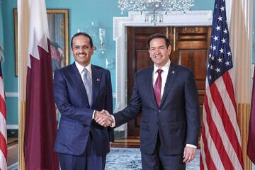 U.S. Secretary of State Marco Rubio meets with Qatari Prime Minister and Foreign Minister Mohammed bin Abdulrahman Al Thani at the State Department, April 22, 2025. Credit: Freddie Everett/State Department.