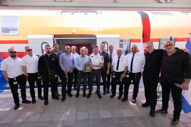 In a joint collaboration, Magen David Adom and Israel Railways have begun installing defibrillators on more than 150 passenger trains throughout the country. Credit: Courtesy of MDA.