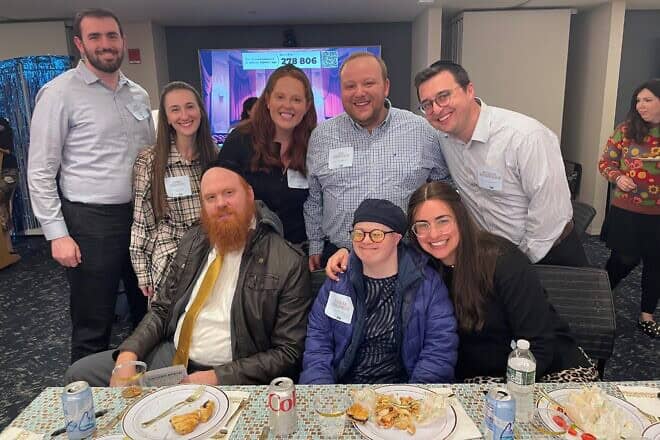 At the Met at Yachad dinner are, from left, Josh and Sammi Aranoff; Rena and Avi Kirshtein; and Betzalel Rosenwasser. Front row: Chaim and Tamar Goldman, and Lani Rosenwasser. Credit: Courtesy of Yachad.