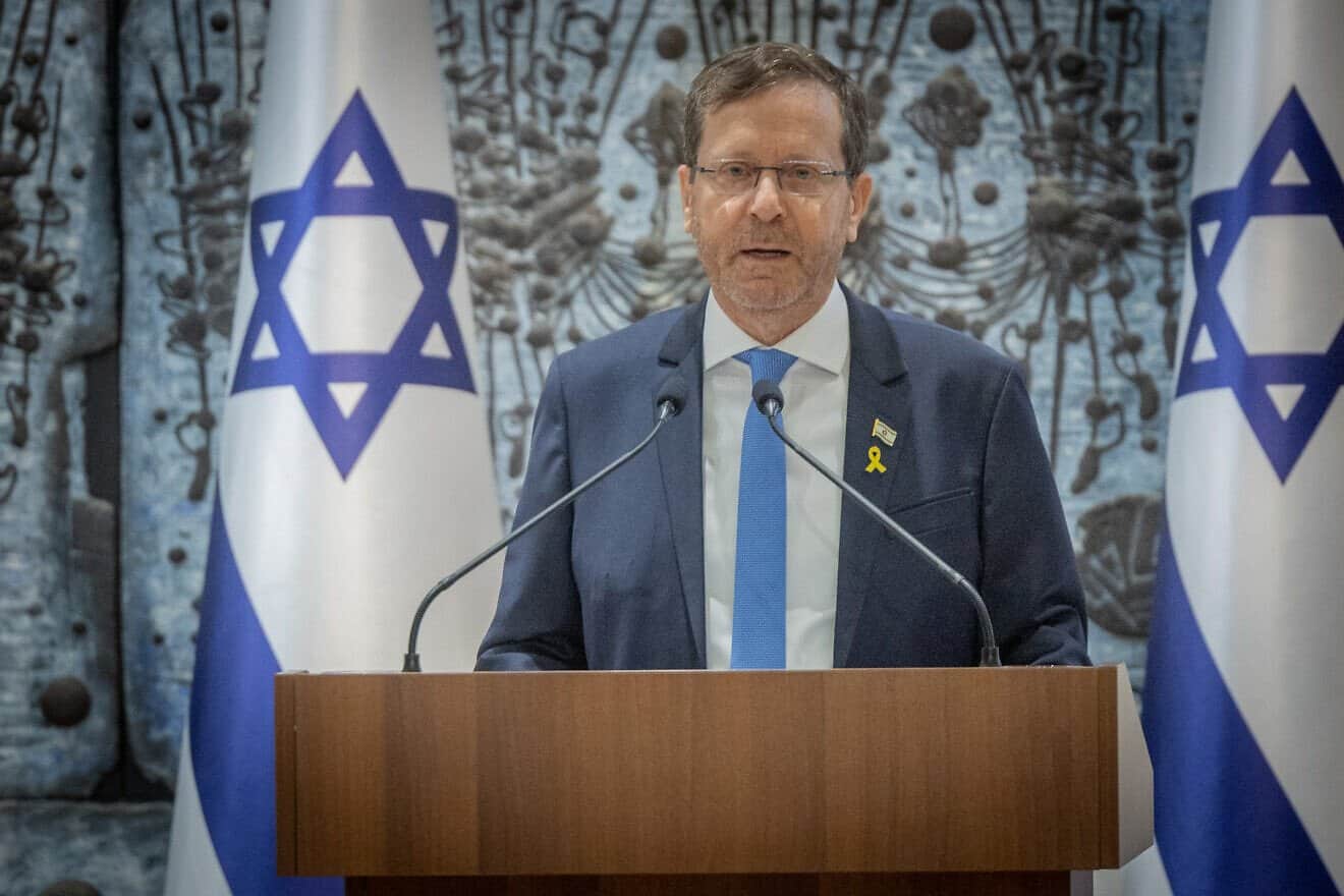 Israeli President Isaac Herzog attends the swearing-in ceremony for 35 judges at the President's Residence in Jerusalem on April 10, 2025. Photo by Chaim Goldberg/Flash90.
