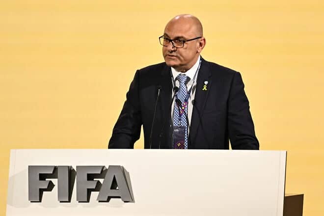 Israel Football Association President Moshe "Shino" Zuares delivers a speech during the 74th FIFA Congress in Bangkok on May 17, 2024. Photo by Manan Vatsyayana/AFP via Getty Images.