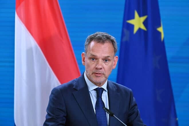 Dutch Foreign Minister Caspar Veldkamp at a joint press conference with German Foreign Minister Annalena Baerbock after talks at the Foreign Office in Berlin, July 23, 2024. Photo by Ralf Hirschberger/AFP via Getty Images.