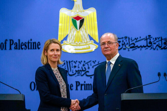 E.U. foreign policy chief Kaja Kallas and Palestinian Authority Prime Minister Mohammad Mustafa during a press conference following their meeting in Ramallah on March 24, 2025. Photo by Nasser/POOL/AFP via Getty Images.