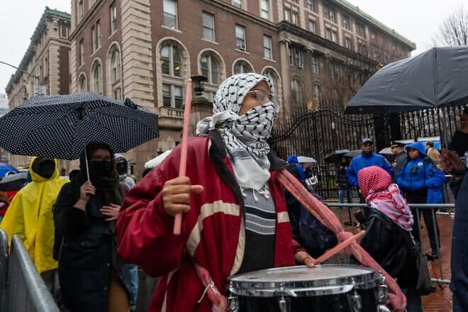 Demonstrators rally in support of Palestine and to protest the arrest and detention of Mahmoud Khalil, a green card holder who played a role in pro-Palestinian protests, outside of Columbia University on March 24, 2025 in New York City. Photo by Spencer Platt/Getty Images.