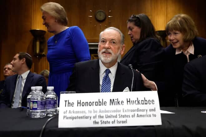 Former governor of Arkansas Mike Huckabee, U.S. President Donald Trump's nominee to be ambassador to Israel, arrives to testify during his Senate Foreign Relations Committee confirmation hearing at the Dirksen Senate Office Building on March 25, 2025 in Washington, D.C. Photo by Kevin Dietsch/Getty Images.