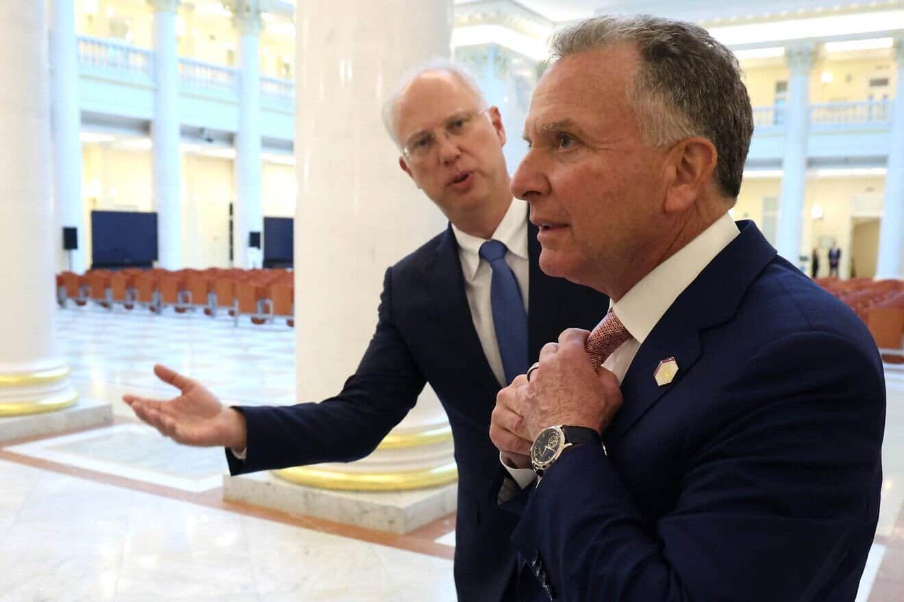 Russia's top economic negotiator Kirill Dmitriev talks to U.S. Special Envoy Steve Witkoff (right) in Saint Petersburg on April 11, 2025. Photo by Vyacheslav Prokofyev/Sputnik/POOL/AFP via Getty Images.