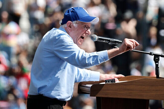 U.S. Sen. Bernie Sanders (I-VT) speaks during a stop on his ‘Fighting Oligarchy’ tour at Grand Park on April 12, 2025 in Los Angeles, California. Photo by Mario Tama/Getty Images.