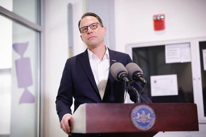 Pennsylvania Gov. Josh Shapiro, a Democrat, provides an update to the media after an arson attack on April 12, the first night of Passover, at the governor's mansion in Harrisburg, Pa., April 16, 2025. Credit: Commonwealth Media Services.