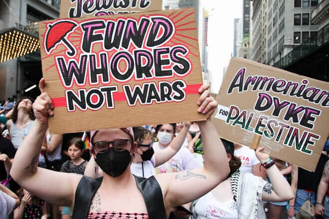 People march during the Dyke March, with the theme of Dykes Against Genocide, in New York City on June 29, 2024. Photo by Leonardo Munoz/AFP via Getty Images.