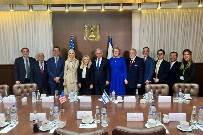 Israeli Prime Minister Benjamin Netanyahu and his wife, Sara Netanyahu, meet with Sen. Bernie Moreno (R-Ohio) and his wife, Bridget Moreno, and with the newly installed U.S. Ambassador to Israel Mike Huckabee and his wife, Janet Huckabee, April 21, 2025. Credit: Courtesy of the spokesperson to the Israeli prime minister.