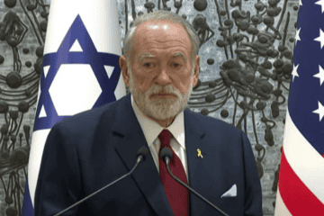 U.S. Ambassador Mike Huckabee speaking at his credentials ceremony alongside President Isaac Herzog at the President's Residence in Jerusalem on April 21, 2025. Credit: GPOIsrael/YouTube.