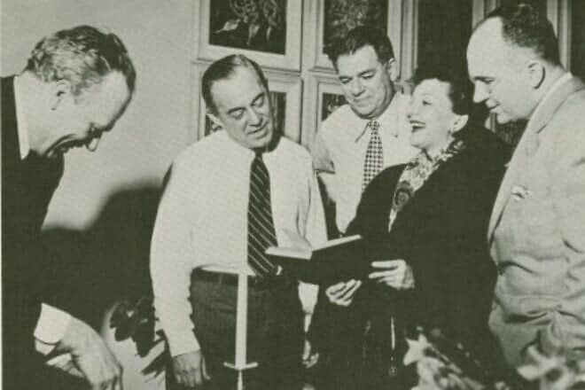 At a rehearsal for South Pacific are from left: Joshua Logan, Richard Rodgers, Oscar Hammerstein II, Mary Martin and James Michener. Credit: Wikimedia Commons.