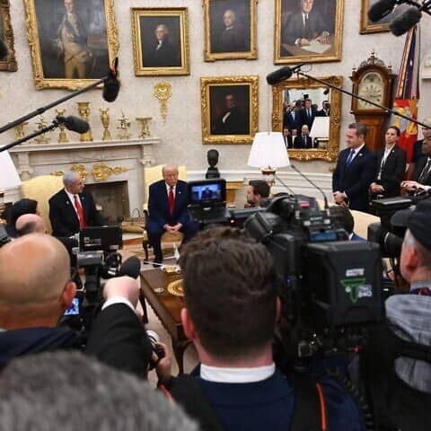 U.S. President Donald Trump and Prime Minister Benjamin Netanyahu talk to the press at the White House on April 7. Photo by Avi Ohayon/GPO.