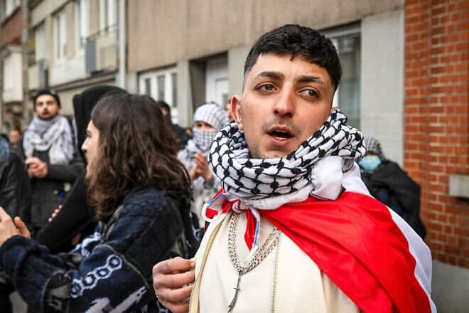 Pro-Palestinian students from the Université libre de Bruxelles march from campus to the Israeli embassy in Brussels for a protest on March 25, 2025. Photo by Bob Reijnders/Middle East Images/AFP via Getty Images.
