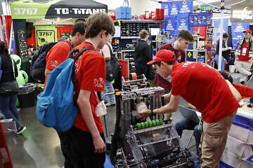 Trigon robotics team at the FIRST Championship in Houston on April 18, 2025. Credit: Courtesy of Trigon Group.
